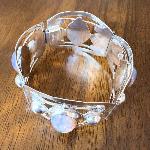 Taxco Sterling Silver Faux Opal Panel Bracelet w Cutouts Scrolls Mexico Vintage - Picture 4 of 13